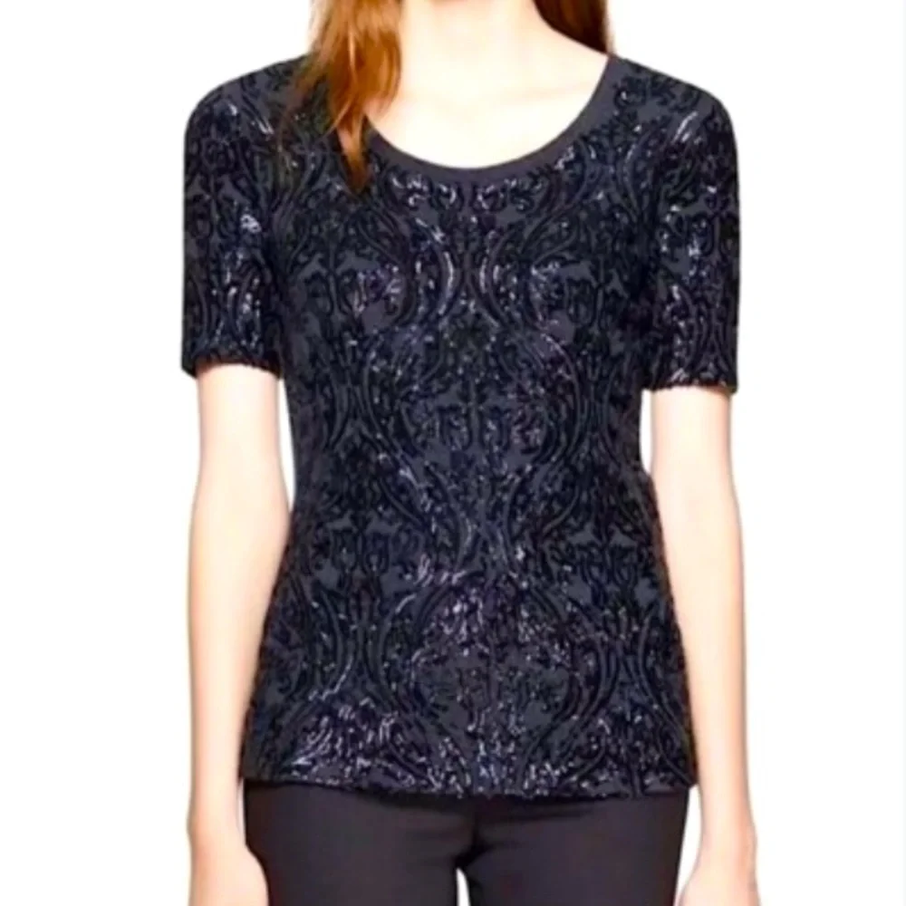Tory Burch Arabesque wool rayon lined sequined scoop neck short sleeved blouse M